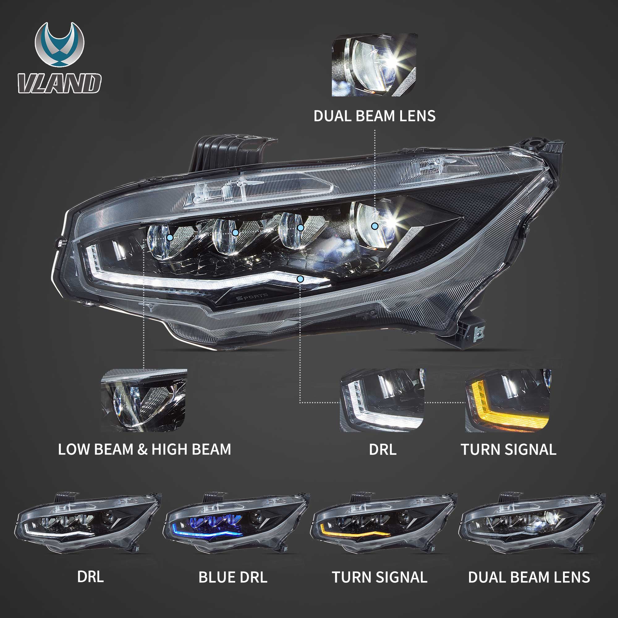 Honda Civic 10 Sedan/Coupe/Hatchback/Type R 2016-2021 Vland LED Headlights - Image 3