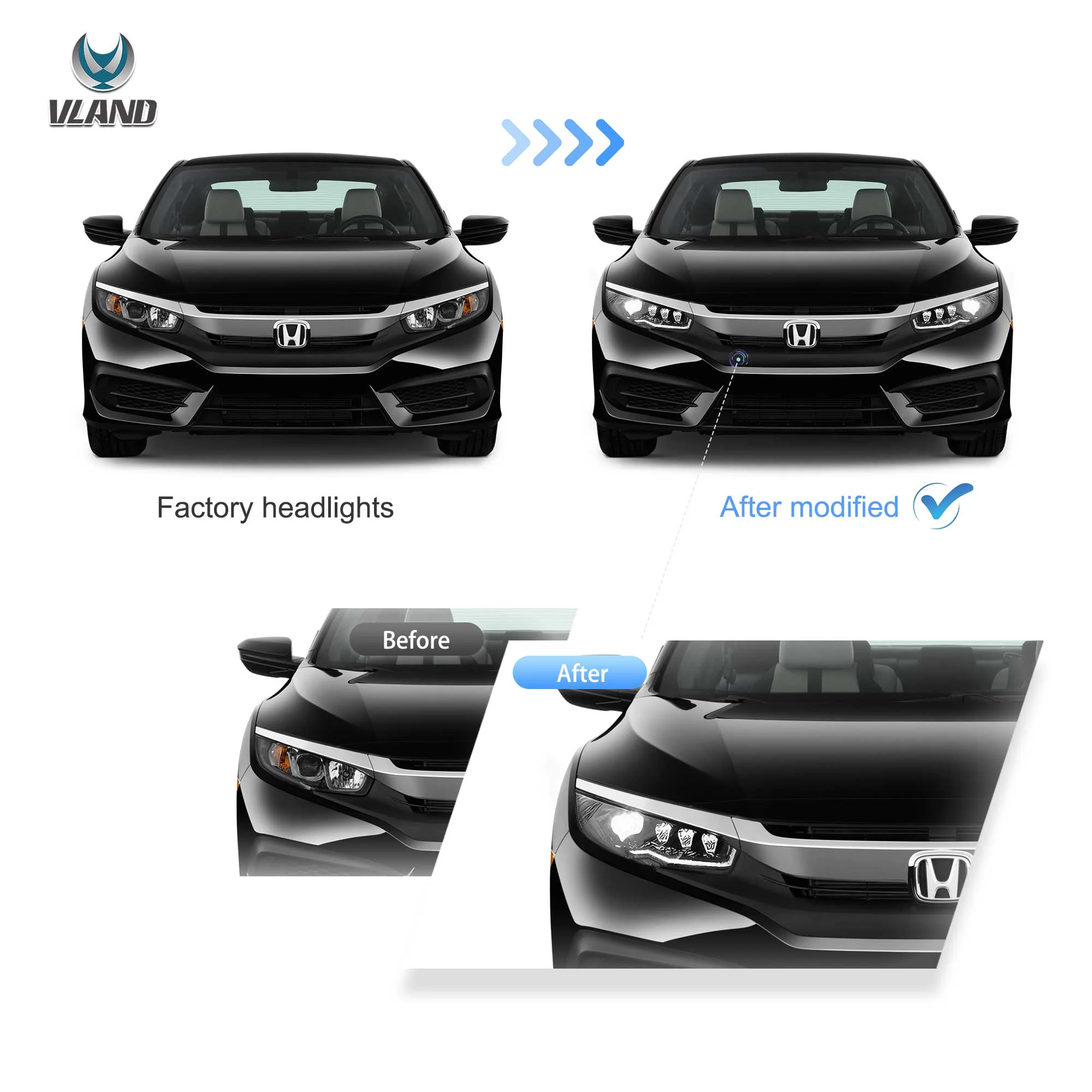 Honda Civic 10 Sedan/Coupe/Hatchback/Type R 2016-2021 Vland LED Headlights - Image 6