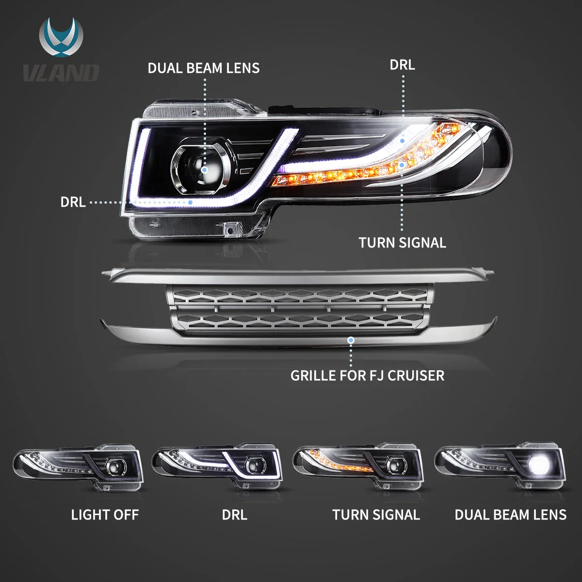 06-22 Toyota FJ Cruiser XJ10 Vland Dual Beam Projector Headlights With Grille - Image 4