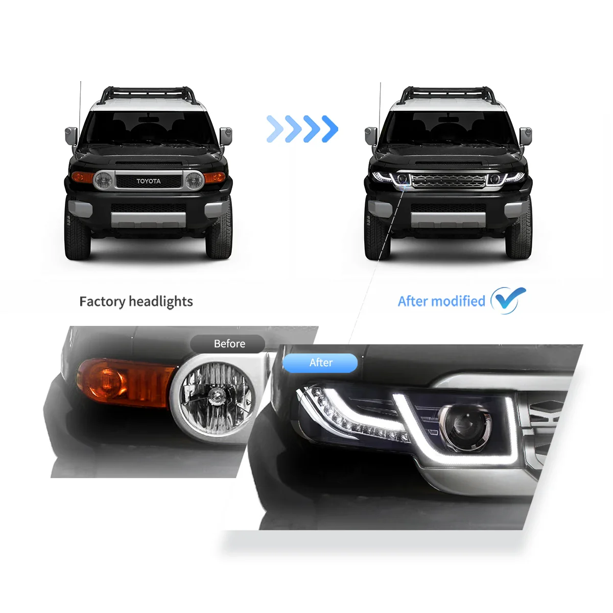 06-22 Toyota FJ Cruiser XJ10 Vland Dual Beam Projector Headlights With Grille - Image 8