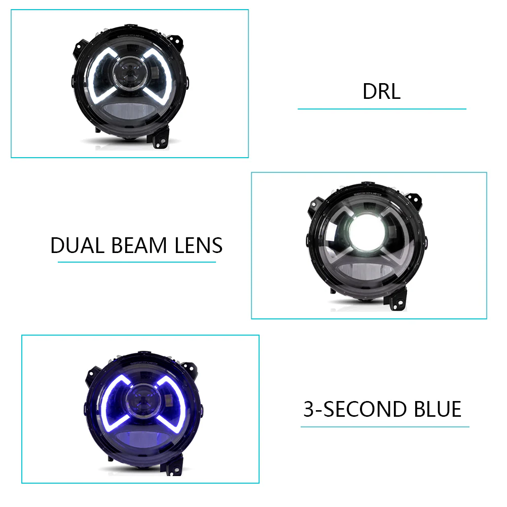 Vland Jeep Wrangler 2018-UP Full LED Dual Beam Projector Headlights With Blue DRL - Image 8