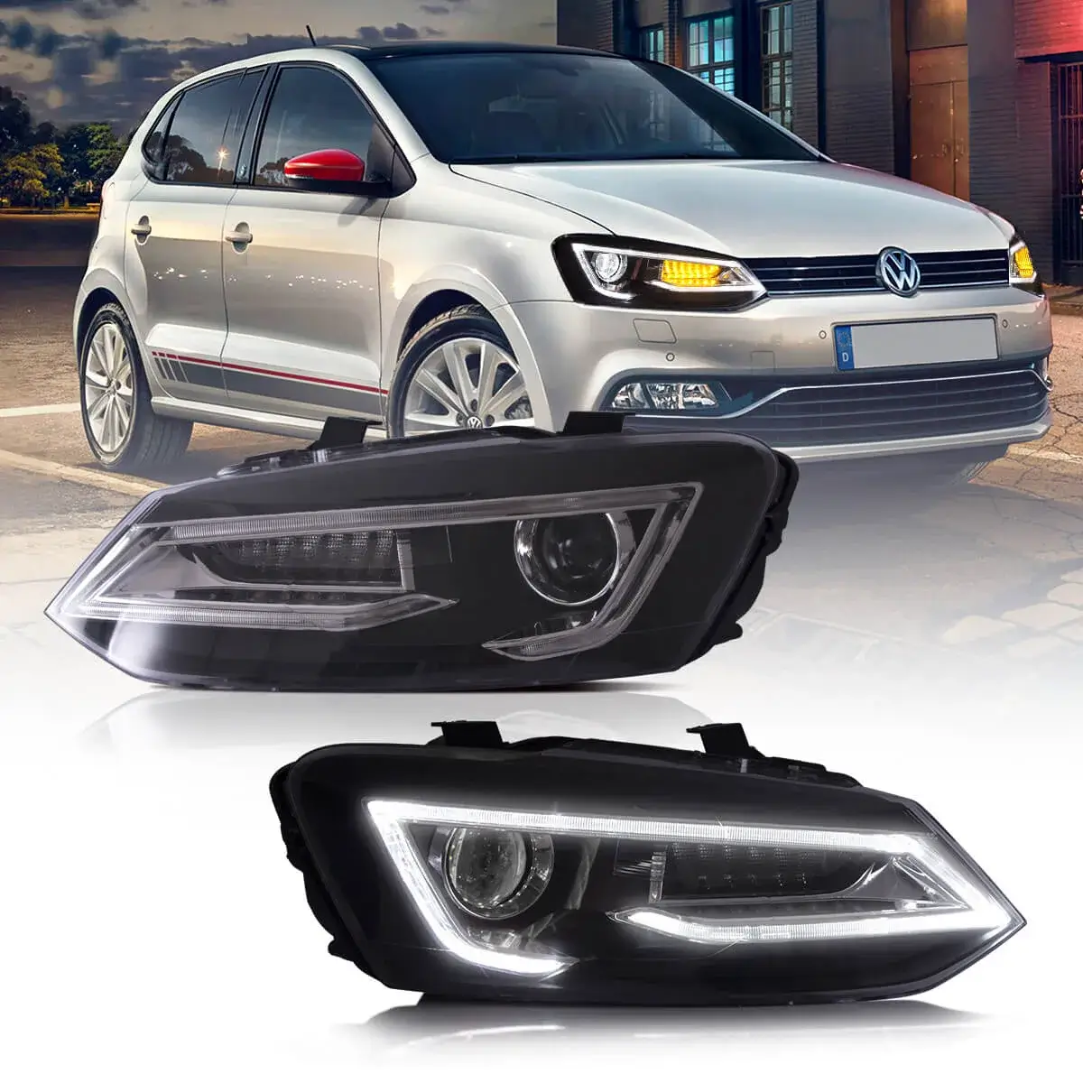 09-17 VW Polo MK5 Vland Dual Beam Projector Aftermarket Headlights With Demon Eyes Black E-mark - Image 3