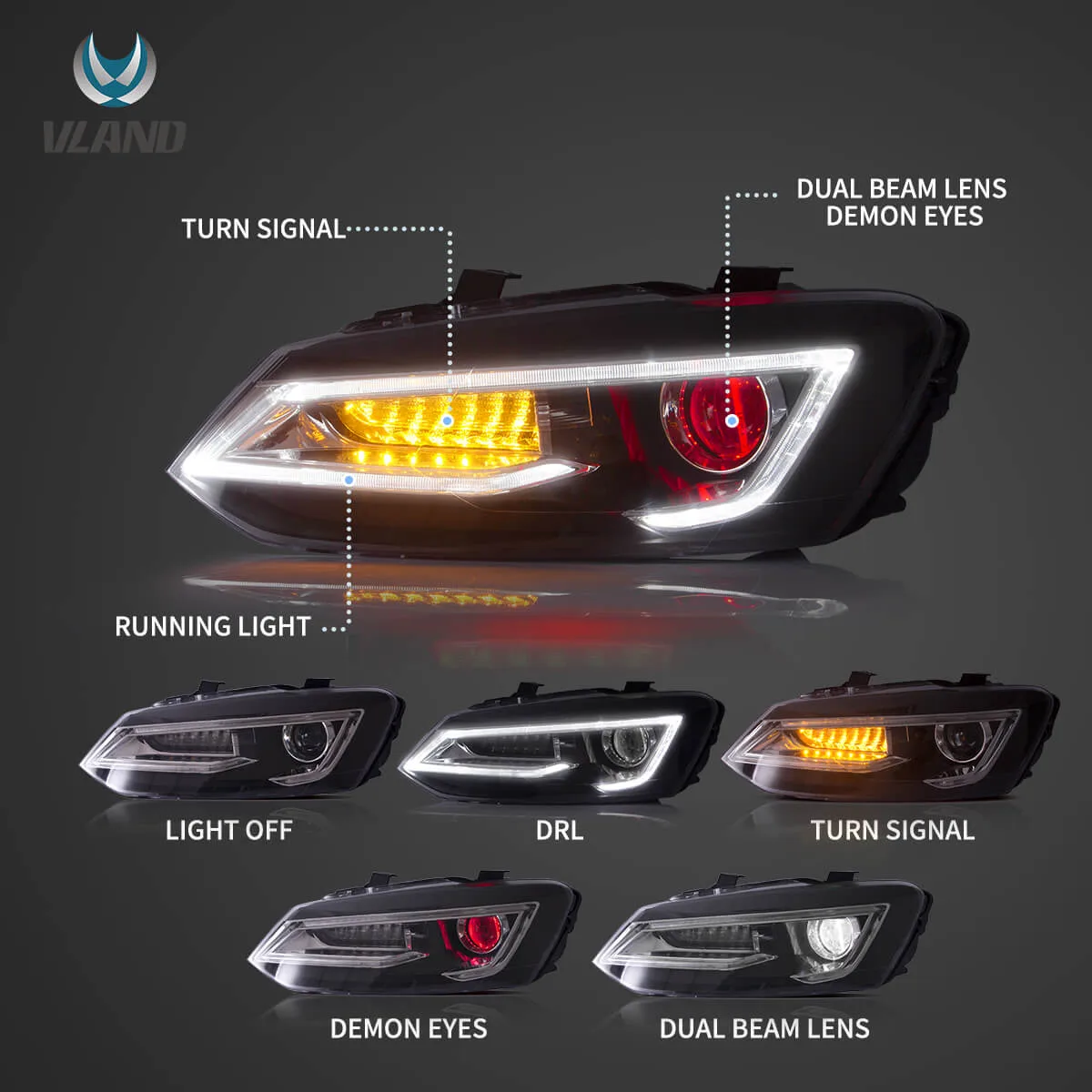 09-17 VW Polo MK5 Vland Dual Beam Projector Aftermarket Headlights With Demon Eyes Black E-mark - Image 4