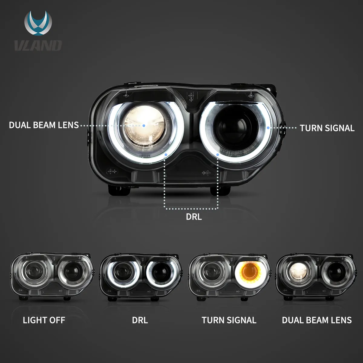 15-24 Dodge Challenger 3th Gen Facelifted Vland Dual Beam Projector HeadLights Black - Image 3