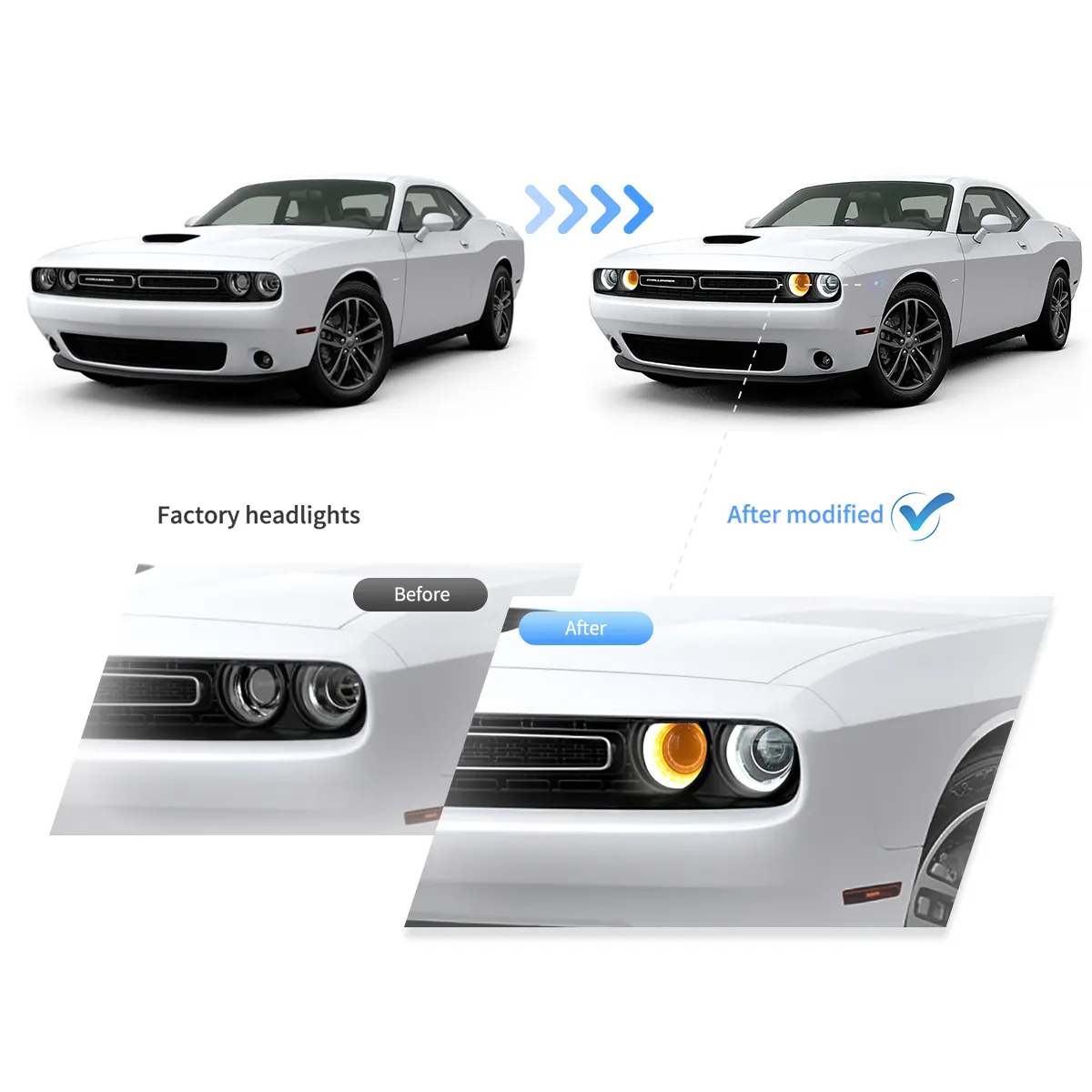 15-24 Dodge Challenger 3th Gen Facelifted Vland Dual Beam Projector HeadLights Black - Image 4