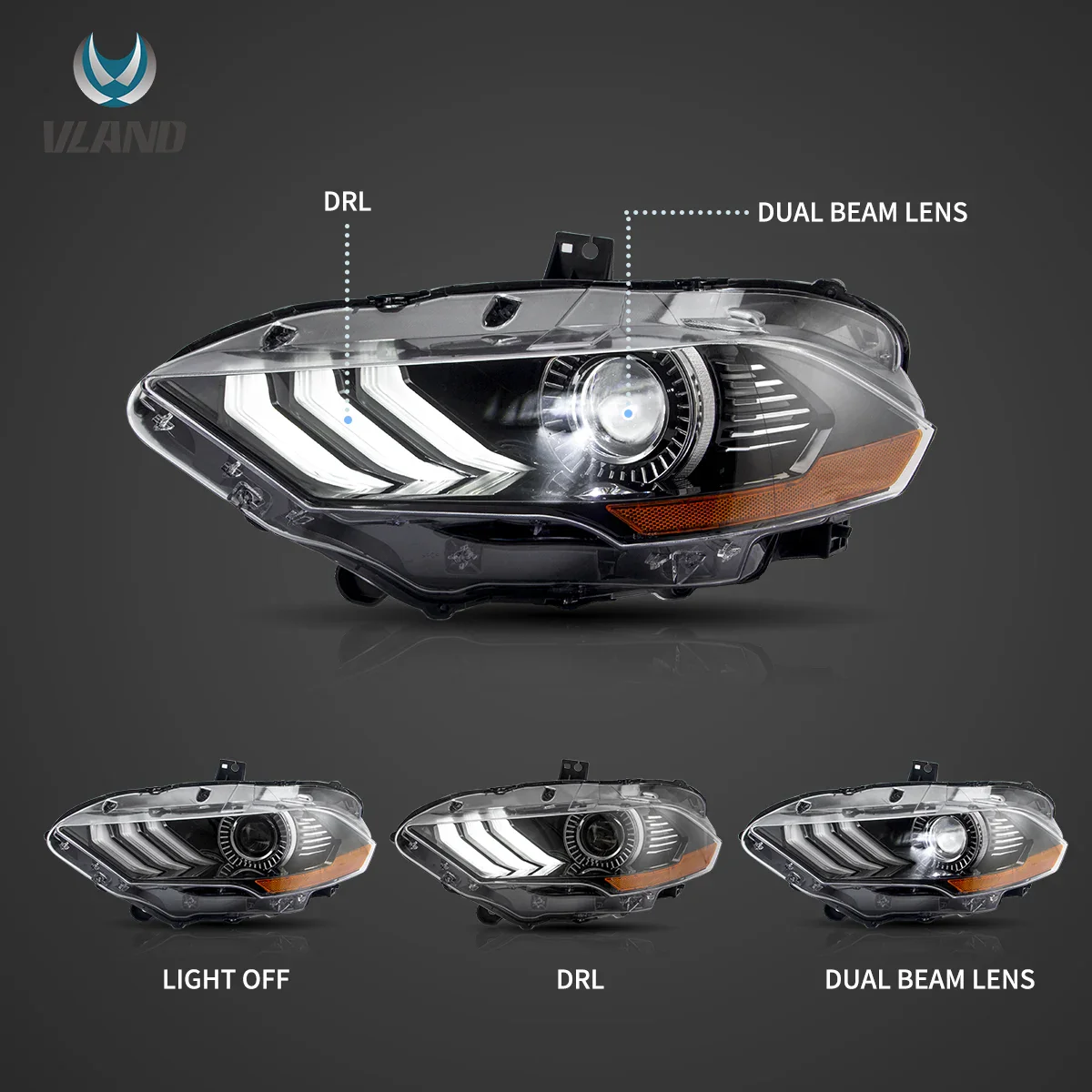 18-22 Ford Mustang 6th Gen Facelifted Vland LED Dual Beam Projector HeadLights Black - Image 3