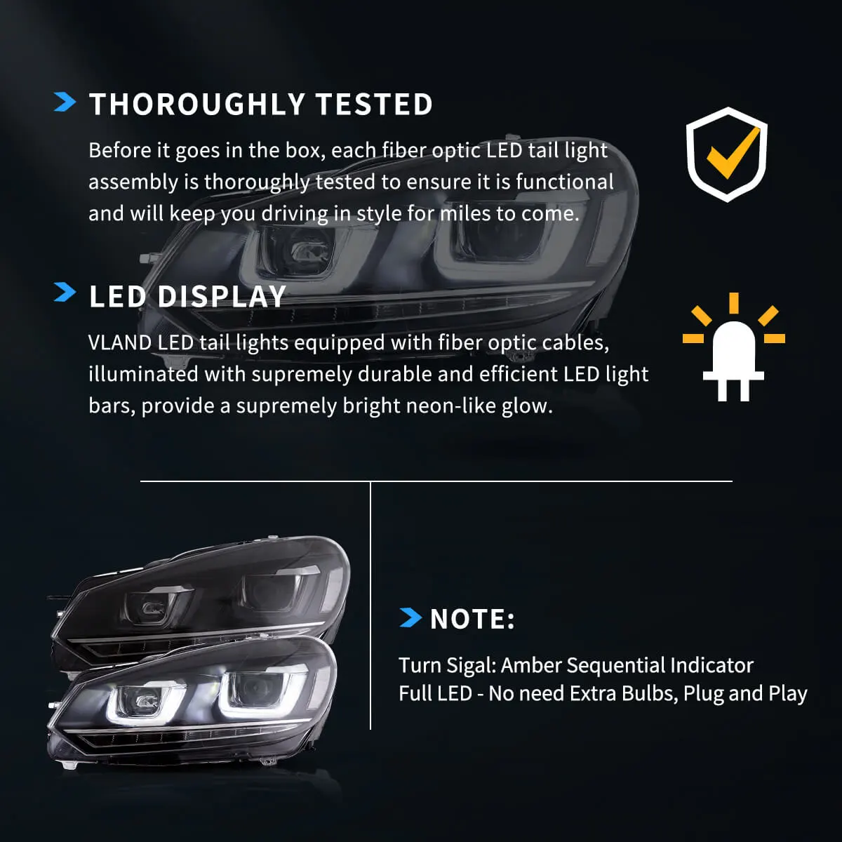 08-14 VW Golf Mk6 Vland Dual Beam Projector Aftermarket Headlights With Demon Eyes E-mark - Image 12
