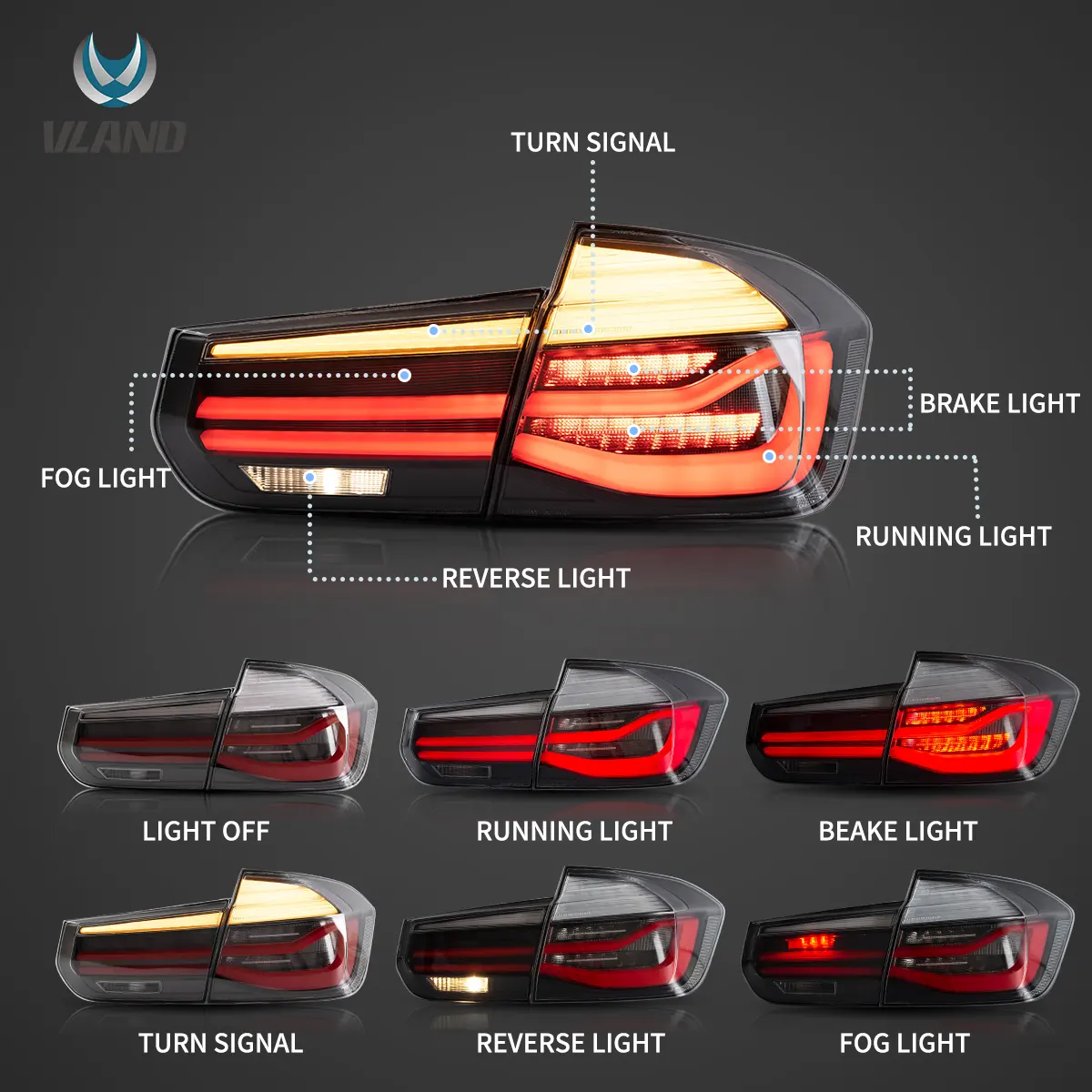 2012-2018 BMW F30 F80 M3 3-Series Vland LED Tail Lights With Sequential Turn Signal [E-mark] - Image 3