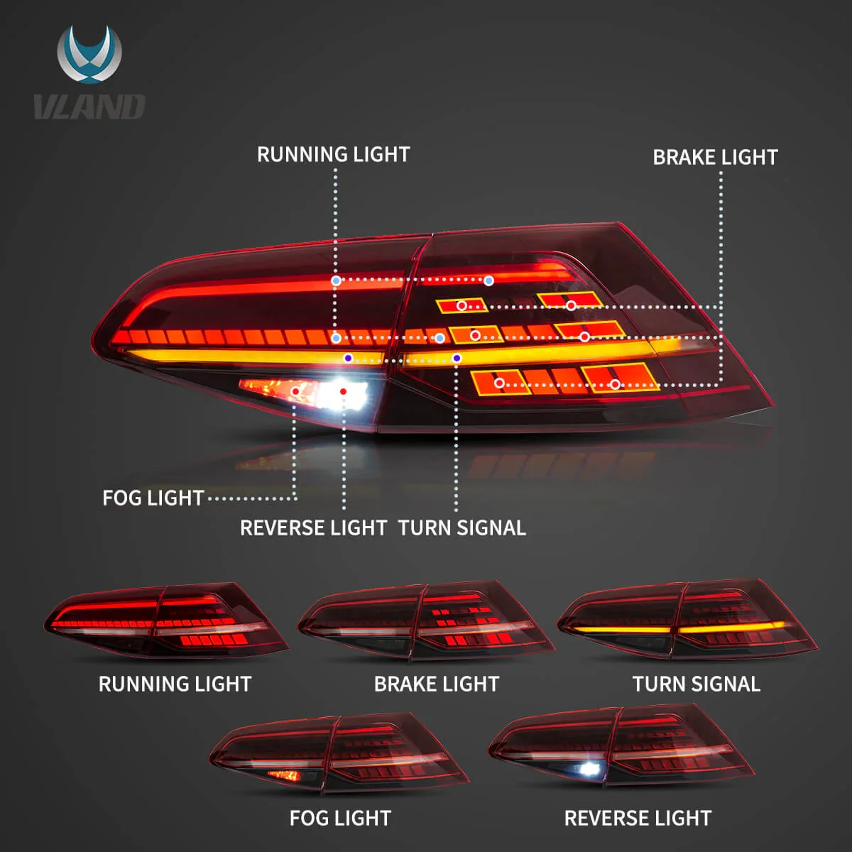 13-21 VW Golf MK7 MK7.5 Hatchback Vland LED Tail Lights [E-mark] - Image 3