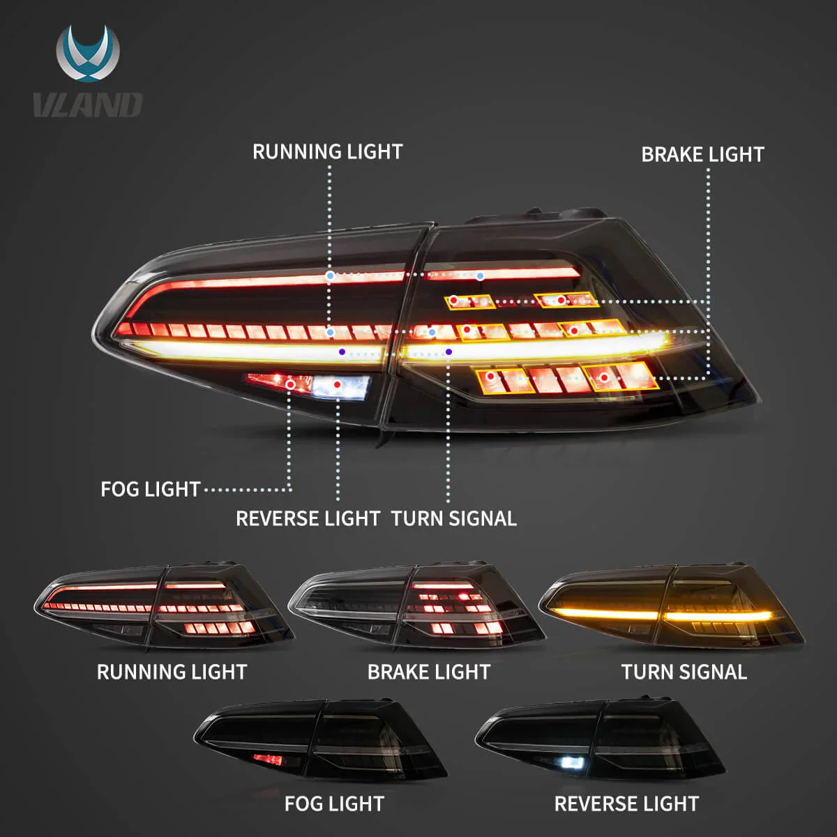 13-21 VW Golf MK7 MK7.5 Hatchback Vland LED Tail Lights [E-mark] - Image 6
