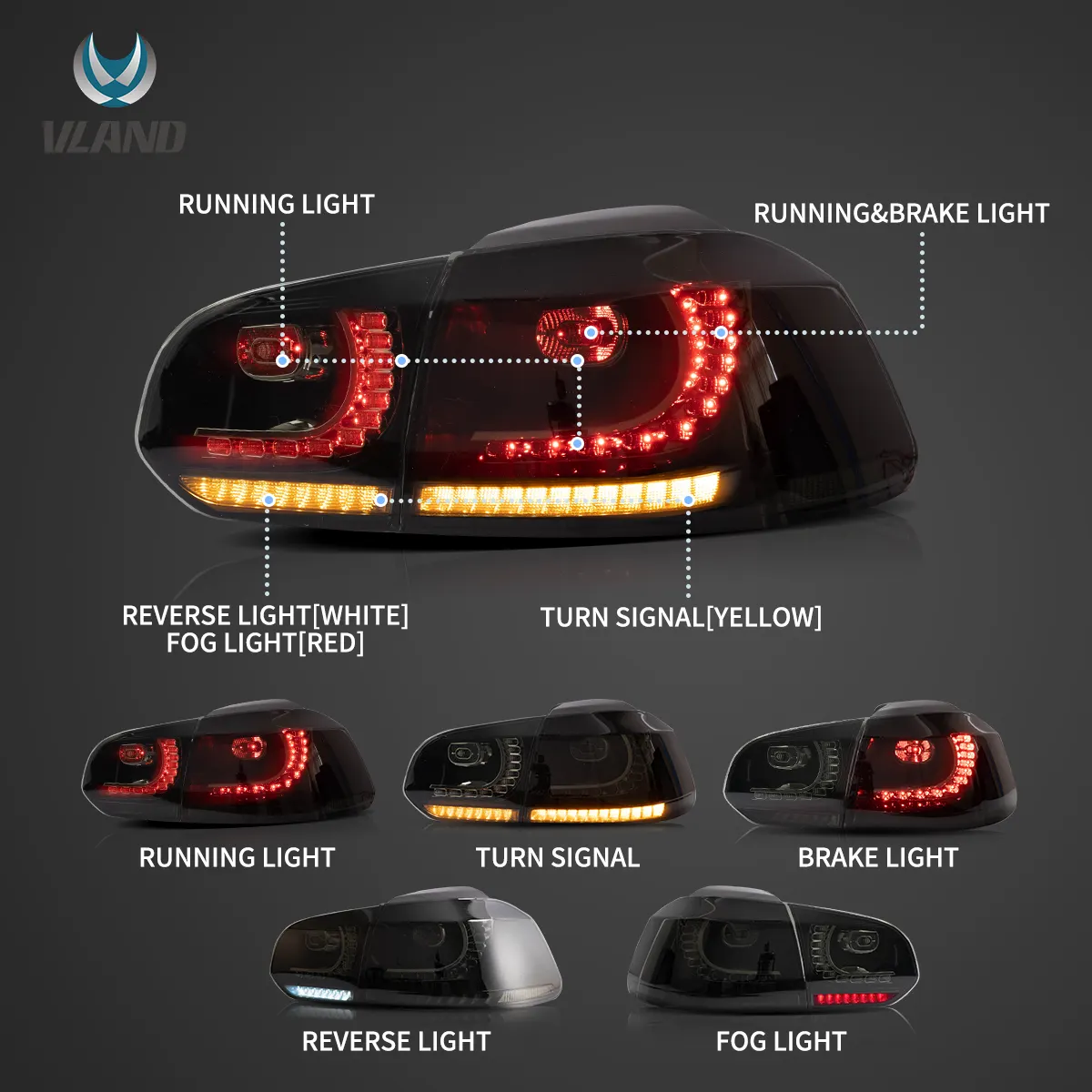 08-12 VW Golf Mk6 Vland LED Aftermarket Tail Lights With Amber Sequential Turn Signal [E-mark] - Image 8