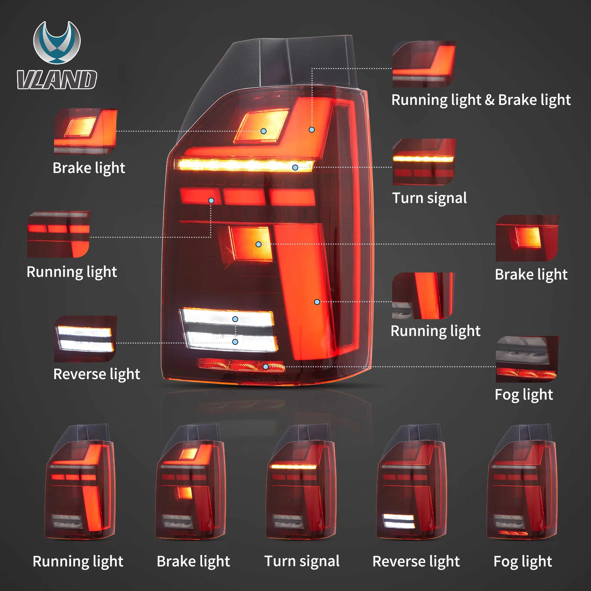 VW Transporter T6 T6.1 Multivan Caravelle 2015-2024 Vland LED Tail Lights [E-mark] - Image 5