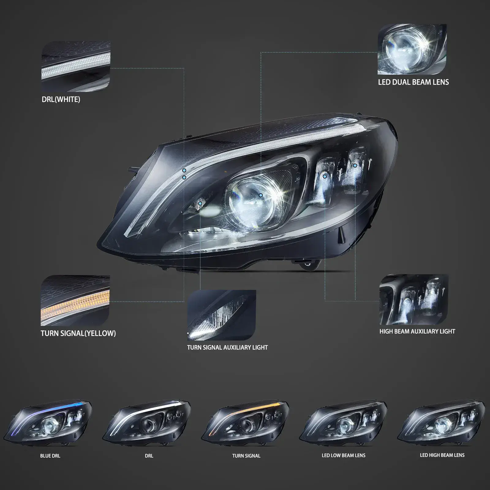 Vland 15-21 Mercedes-Benz C-Class (W205) LED Matrix Upgraded Headlights With Blue DRL - Image 3