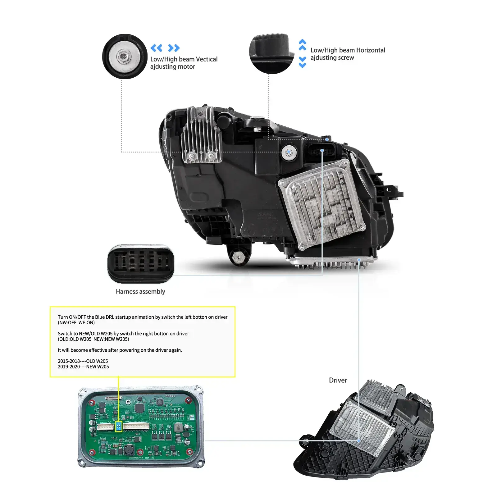 Vland 15-21 Mercedes-Benz C-Class (W205) LED Matrix Upgraded Headlights With Blue DRL - Image 5