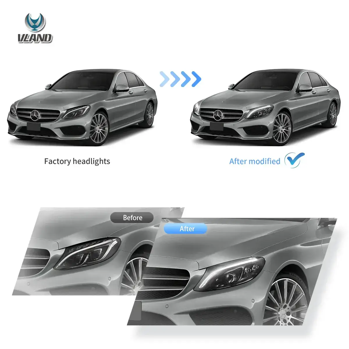 Vland 15-21 Mercedes-Benz C-Class (W205) LED Matrix Upgraded Headlights With Blue DRL - Image 6