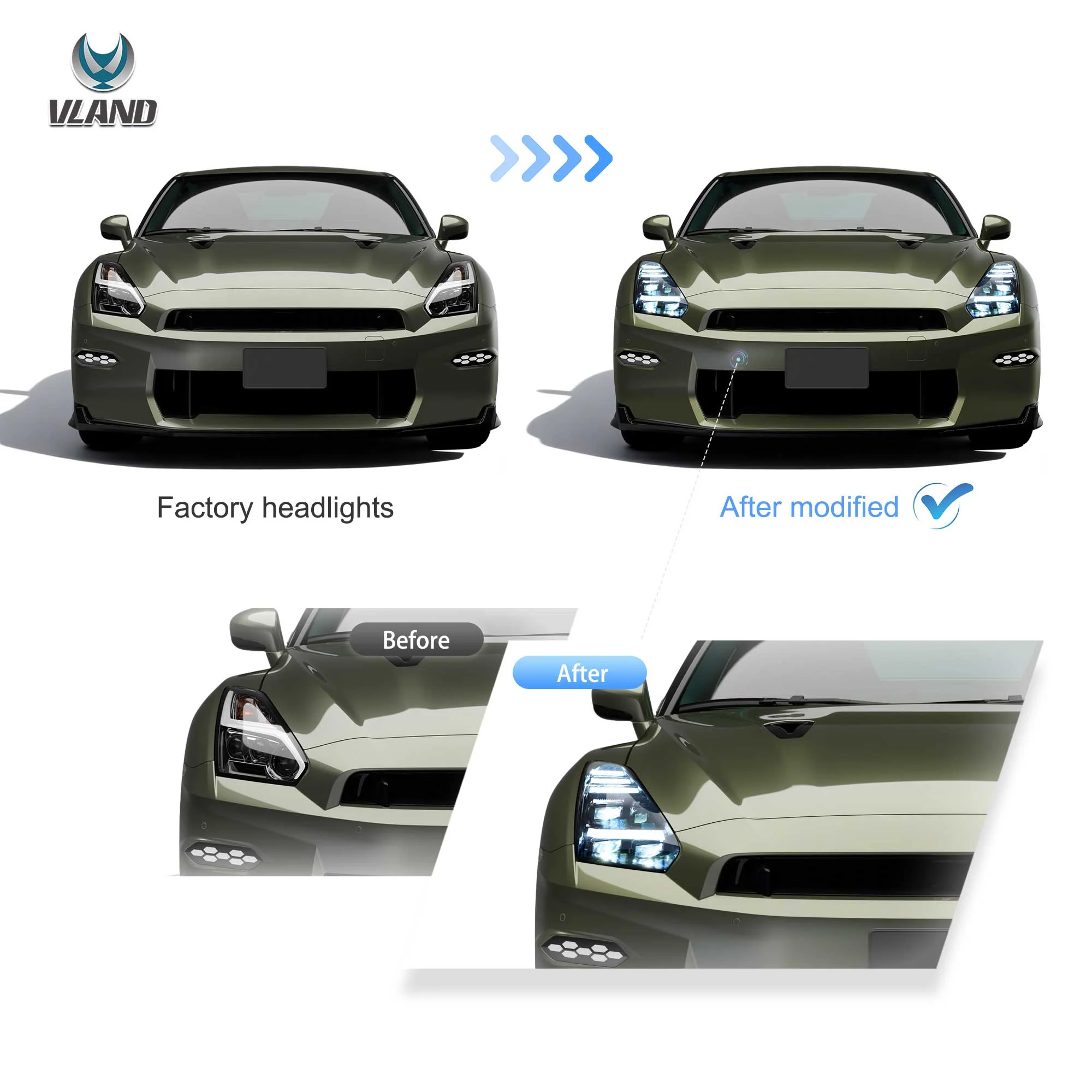 Vland 2008-2023 Nissan GT-R R35 LED Projector Headlights - Image 6
