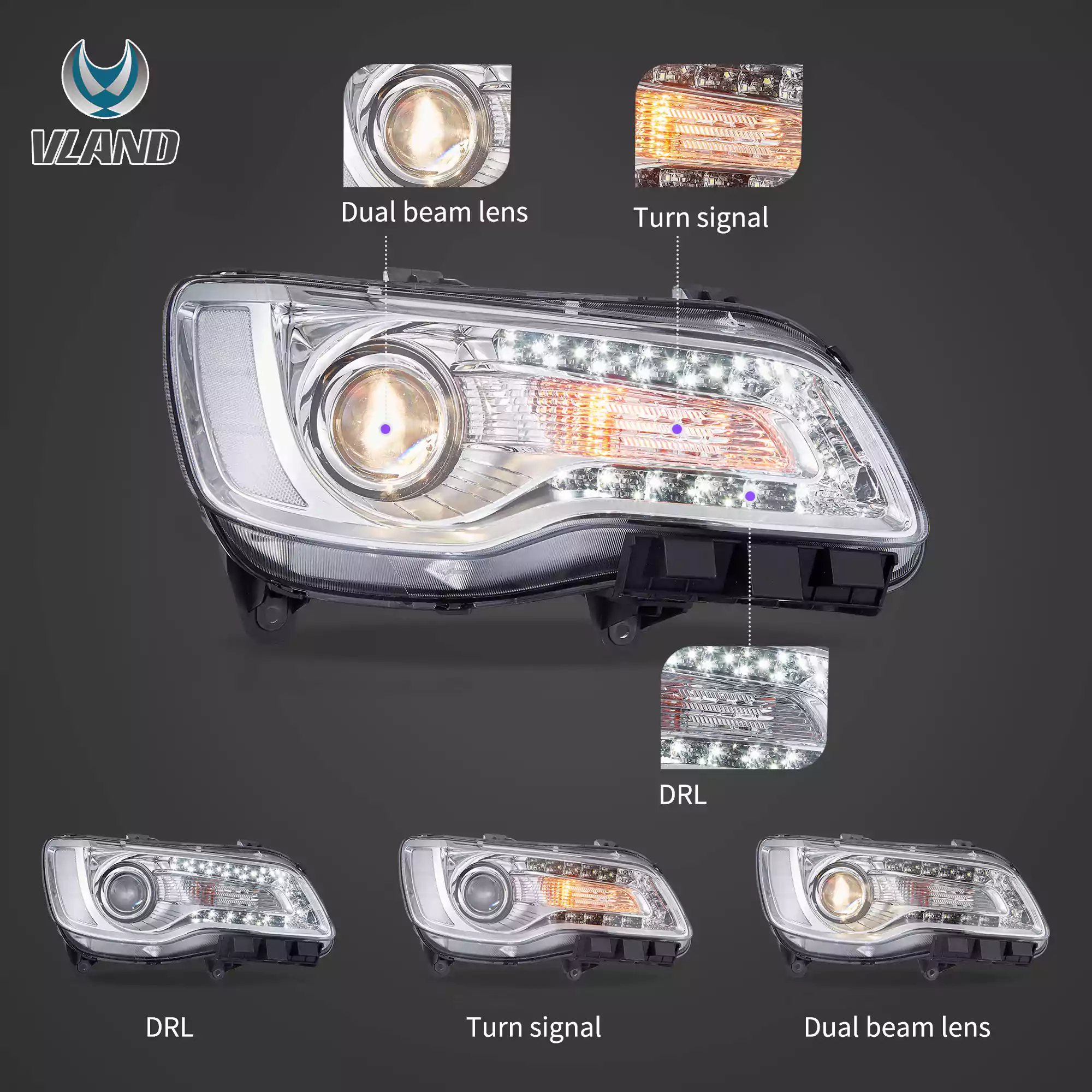 Vland 2011-2023 Chrysler 300/300C Headlights - Image 5