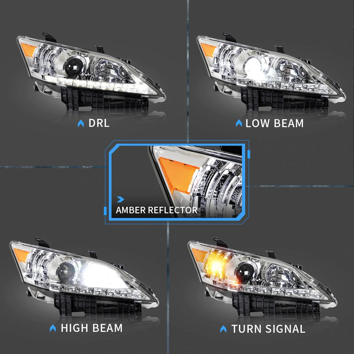 VLAND Carlamp Projector Headlights for Lexus ES350 2010-2012 (Low Beam Projector. Hight Beam Reflector. Chrome and Black Housing Edition) - Image 3