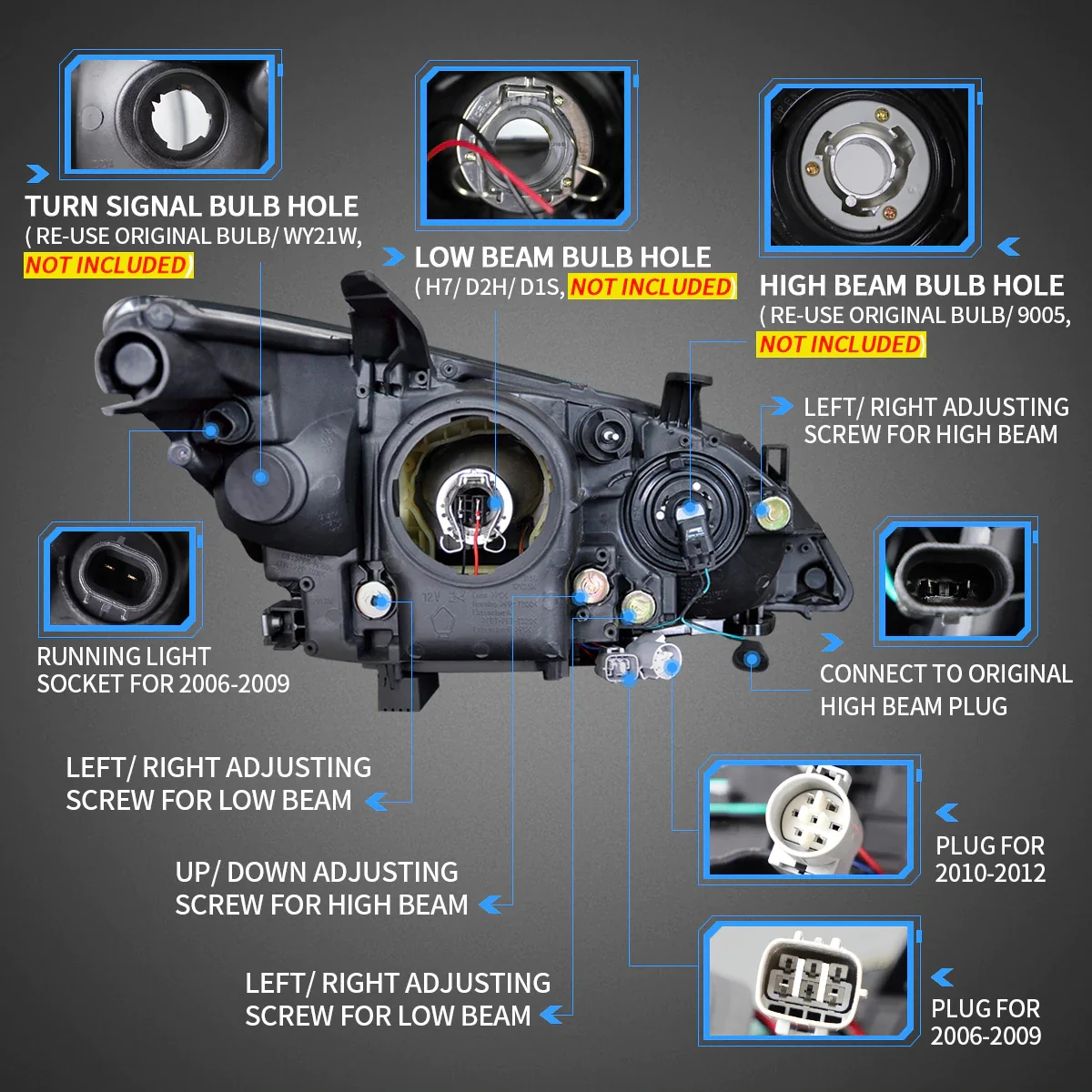 VLAND Carlamp Projector Headlights for Lexus ES350 2010-2012 (Low Beam Projector. Hight Beam Reflector. Chrome and Black Housing Edition) - Image 5