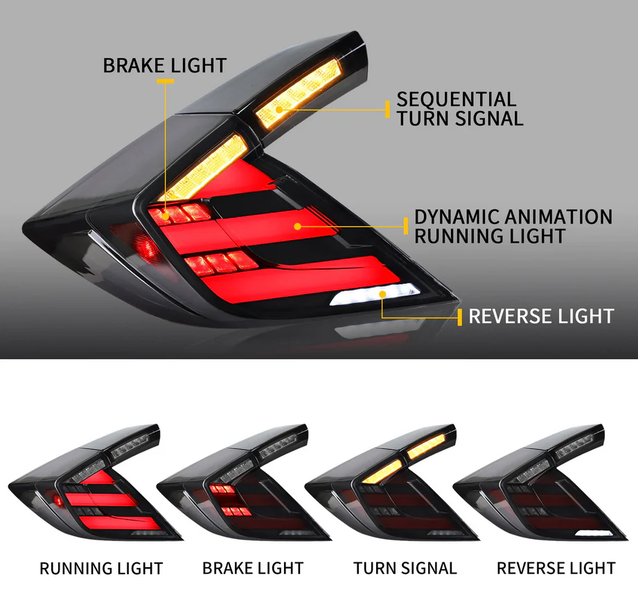 16-21 Honda Civic 10th Gen Hatchback and Type R Vland LED Tail Lights [E-mark] with Amber Turn Signal - Image 3
