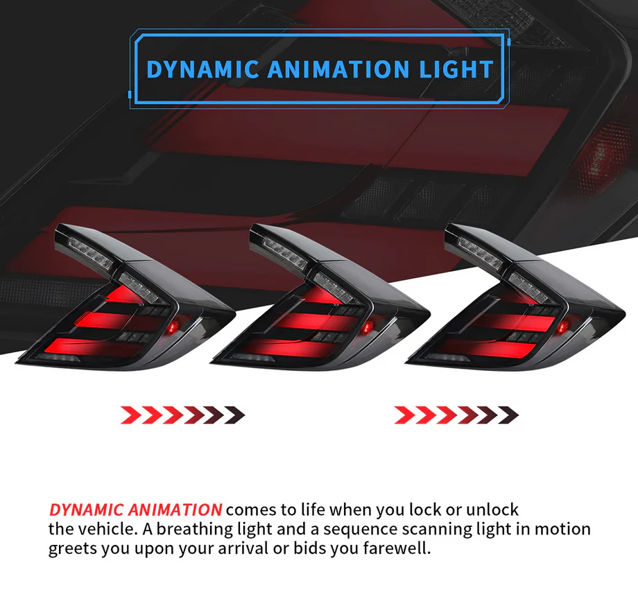16-21 Honda Civic 10th Gen Hatchback and Type R Vland LED Tail Lights [E-mark] with Amber Turn Signal - Image 5