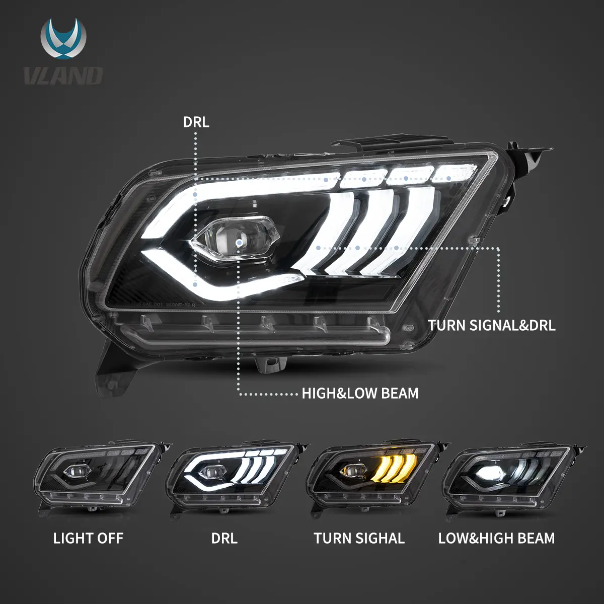 10-14 Ford Mustang 5th Gen Facelifted Vland LED Dual Beam Projector HeadLights Black - Image 3