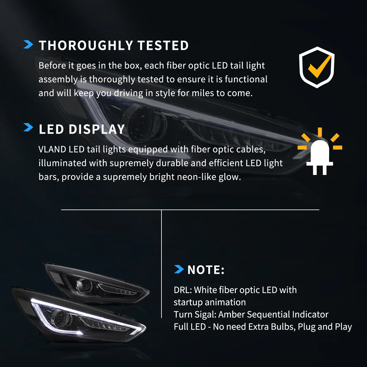 Vland  Headlights For 2015-2018 Ford Focus Dual Beam Lens - Image 10