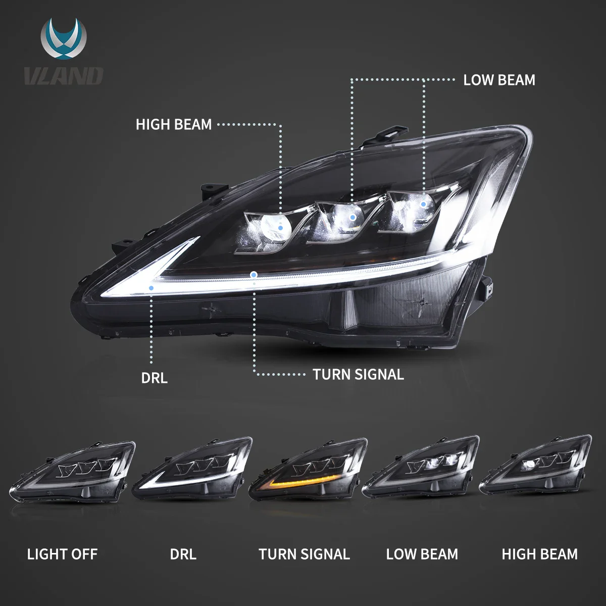 06-12 Lexus IS250/IS250C/IS350/IS220d & 08-14 ISF(XE20) Vland Matrix Projector Headlights E-mark - Image 3