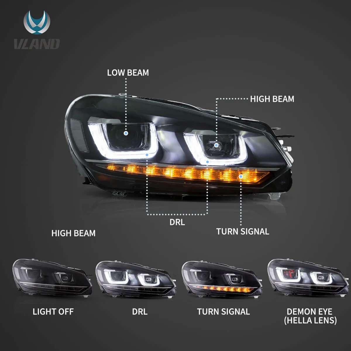 08-14 VW Golf Mk6 Vland Dual Beam Projector Aftermarket Headlights With Demon Eyes E-mark - Image 3