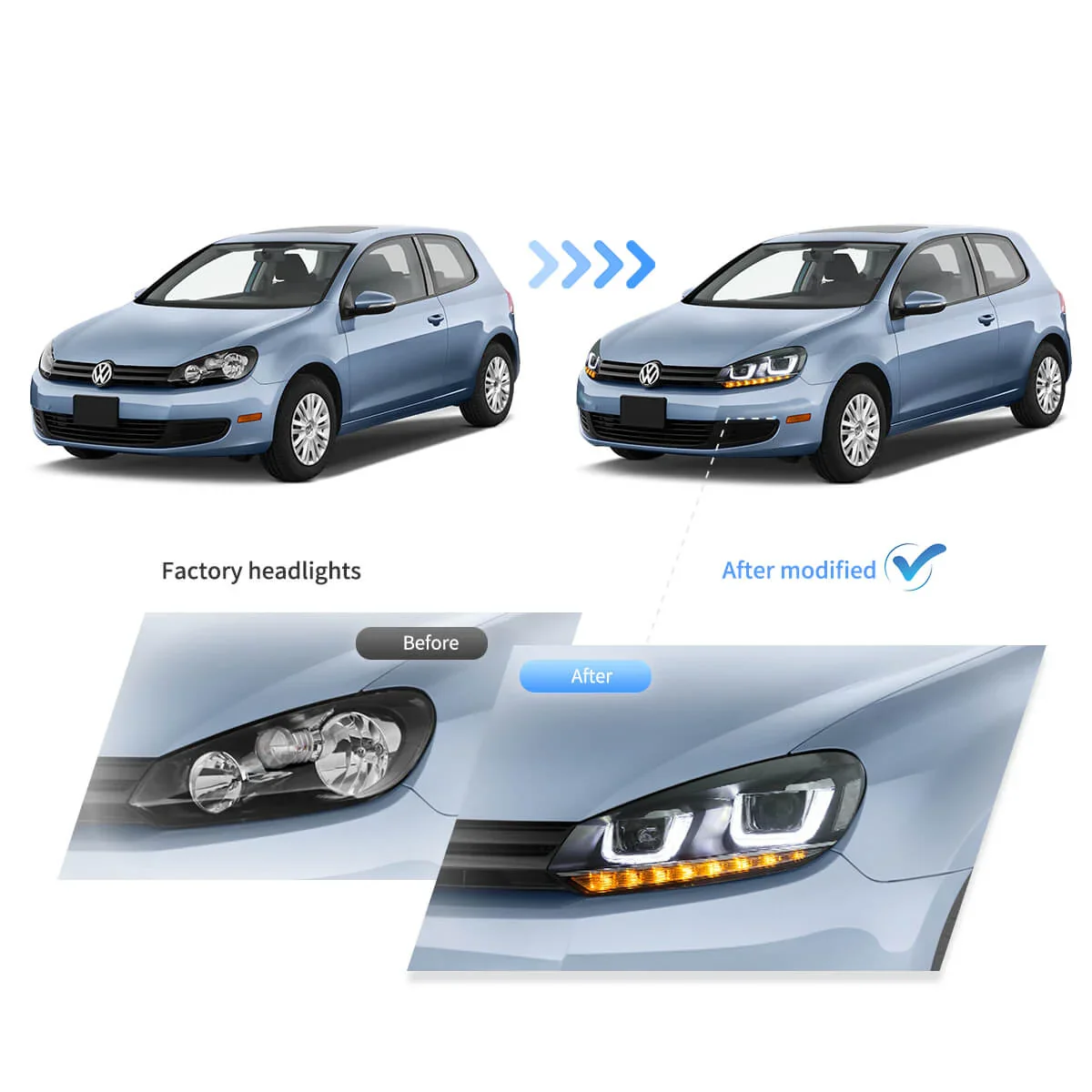 08-14 VW Golf Mk6 Vland Dual Beam Projector Aftermarket Headlights With Demon Eyes E-mark - Image 6