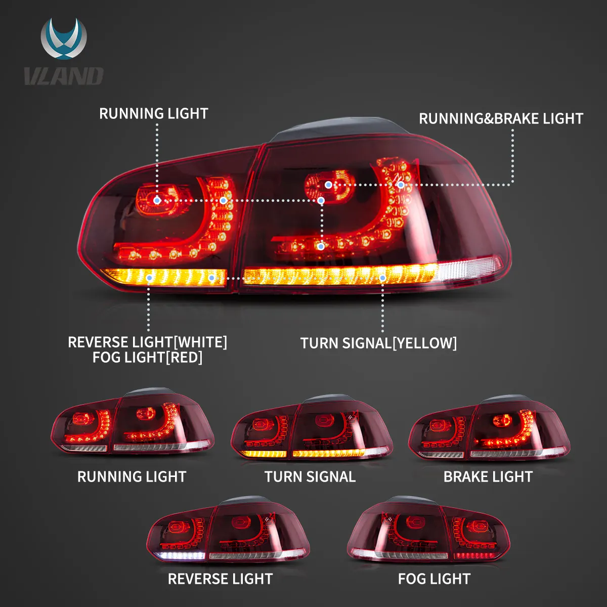 08-12 VW Golf Mk6 Vland LED Aftermarket Tail Lights With Amber Sequential Turn Signal [E-mark] - Image 3