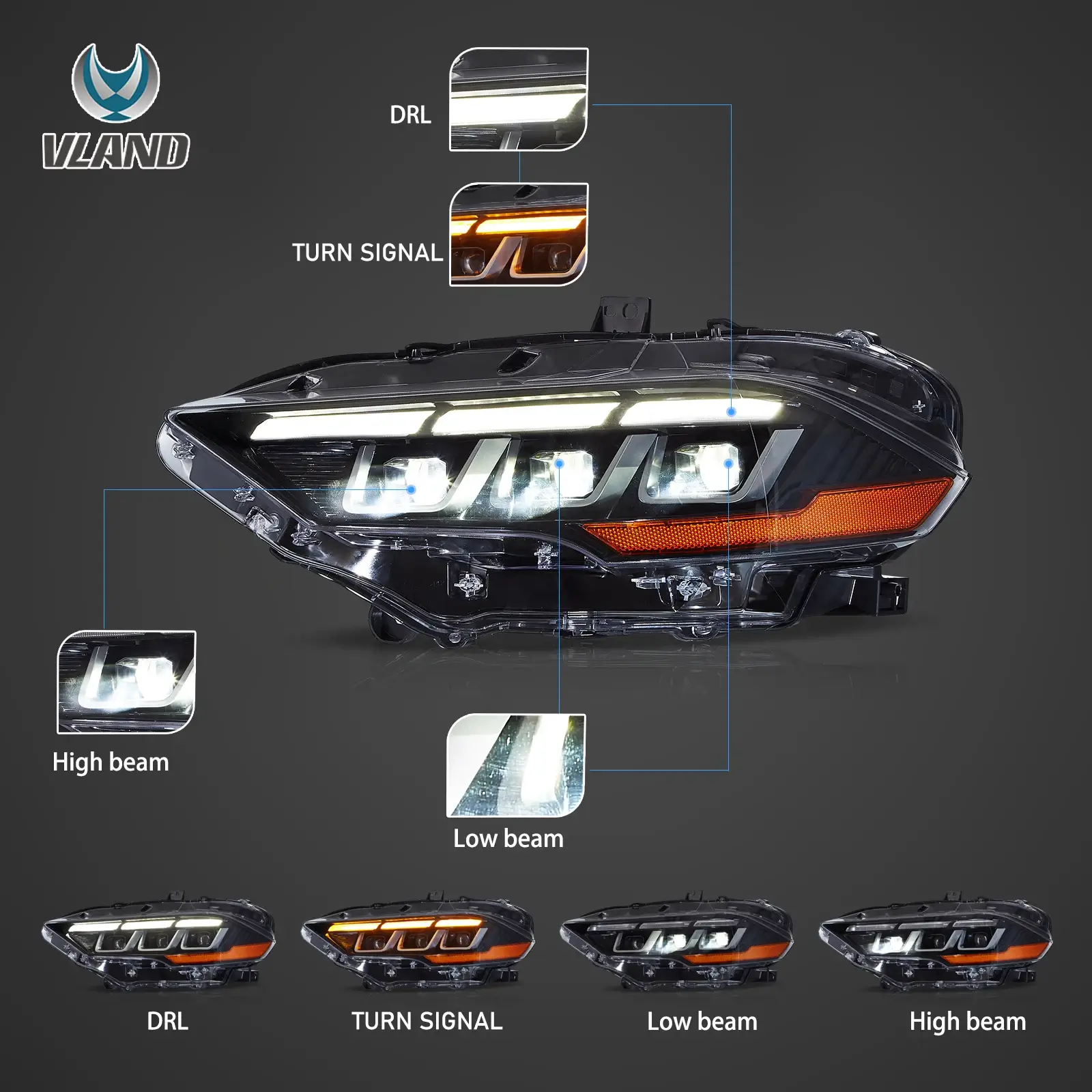 VLAND LED Headlights For Ford Mustang 2018-2023 With Startup Animation L+R - Image 2