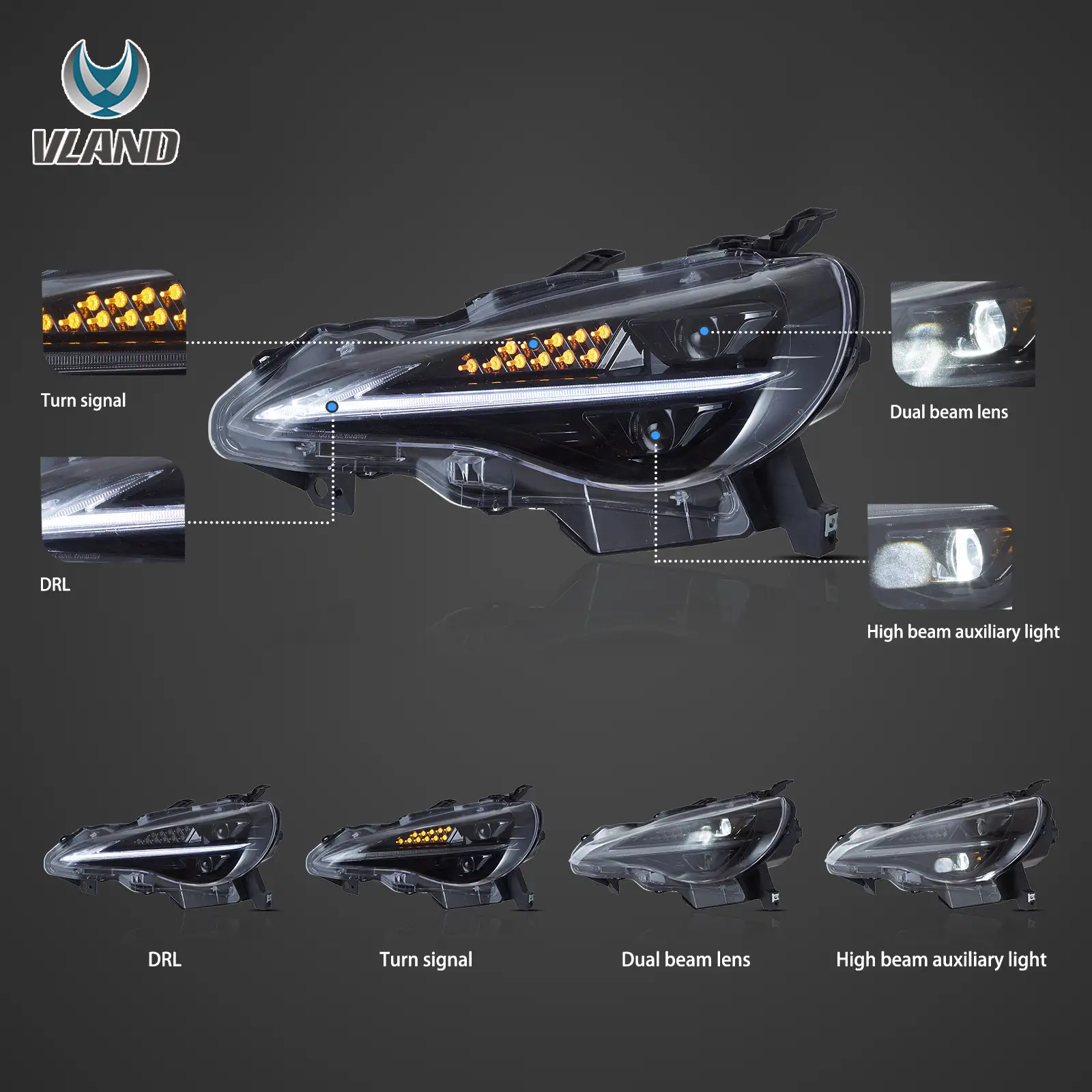 12–21 Toyota 86/GT86, Subaru Brz, Scion Frs Vland Upgrade Full LED Dual Beam Projector Headlights - Image 3