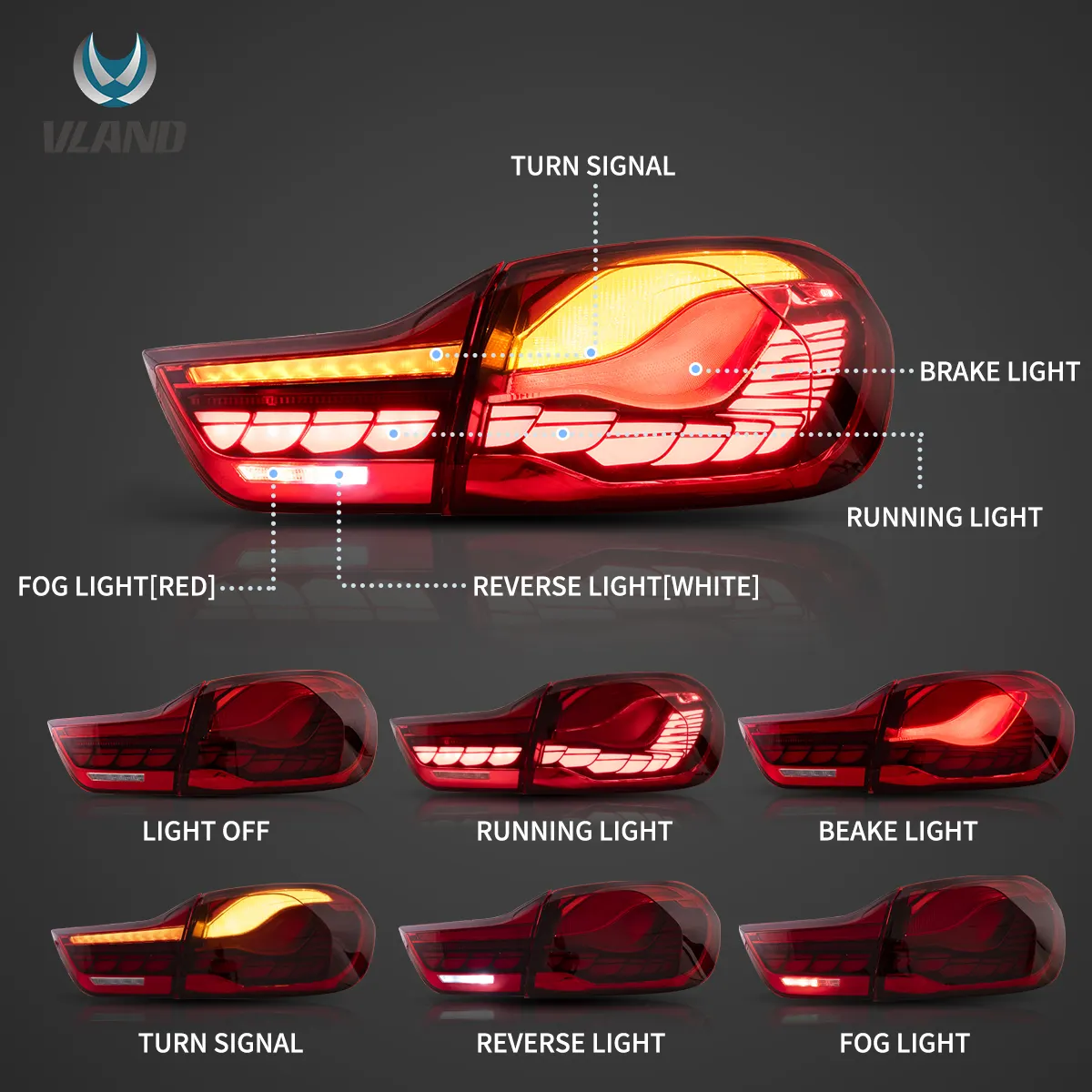 14-20 BMW 4 Series F32 F33 F36 / M4 F82 F83 Vland LED Tail Lights With GTS Style [E-mark] - Image 3